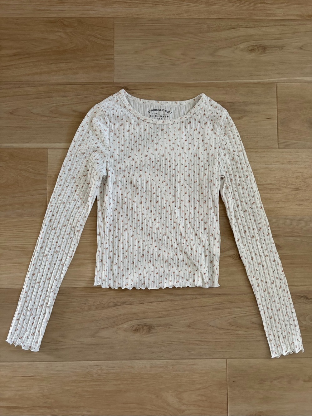 Aeropostale White Ribbed Long-Sleeve Tee with Pink Floral Print
